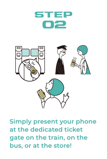 STEP2 Simply present your phone at the dedicated ticket gate on the train, on the bus, or at the store!